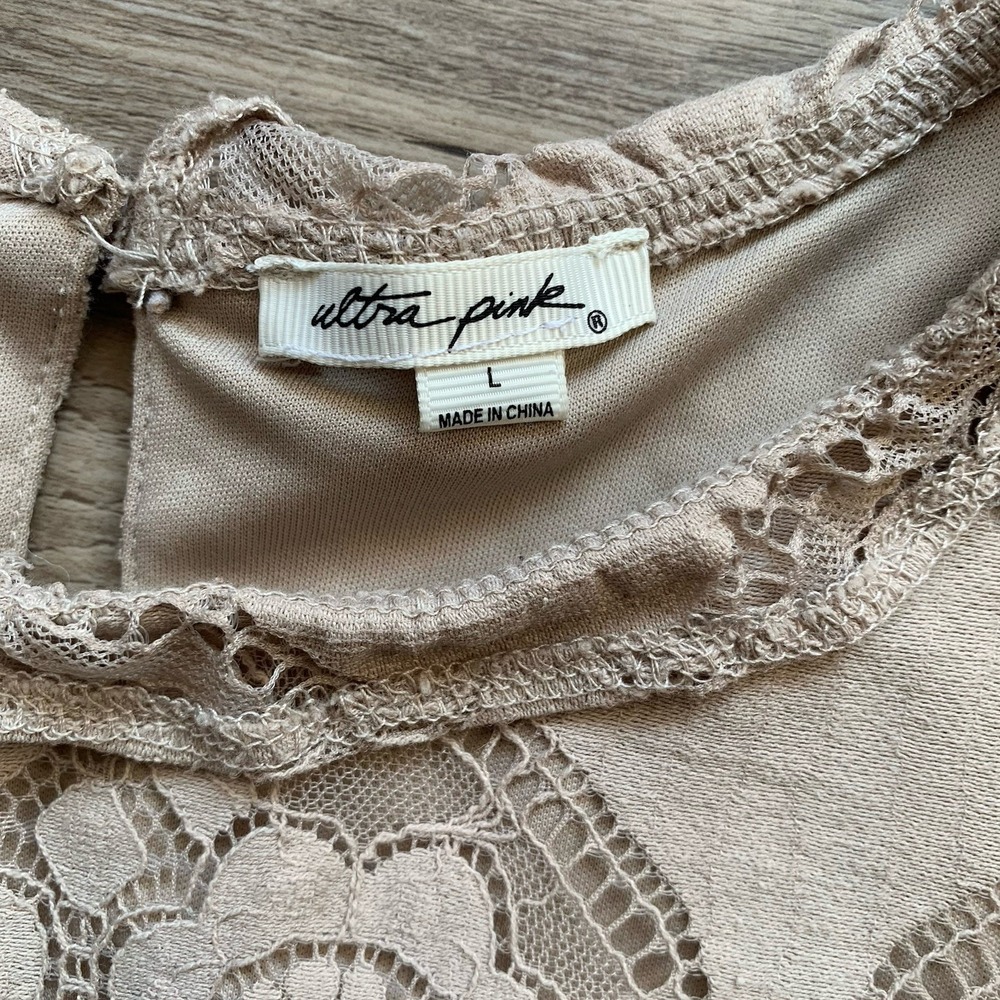 ULTRA PINK‎ Cute Floral Lace Beige Top Smocked Long Sheer Sleeve Mock Blouse L - Picture 13 of 16
